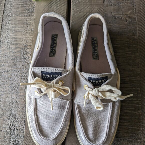 Sperry Sequin Sparkle Glitter Silver Gray Deck Boat Slip on Shoes Size 8.5 - Picture 6 of 10
